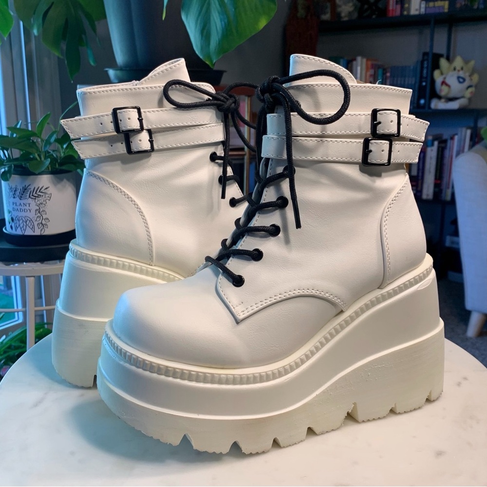 Demonia Shaker-52 White Vegan Leather Wedge Platform Ankle Boot, Size 8